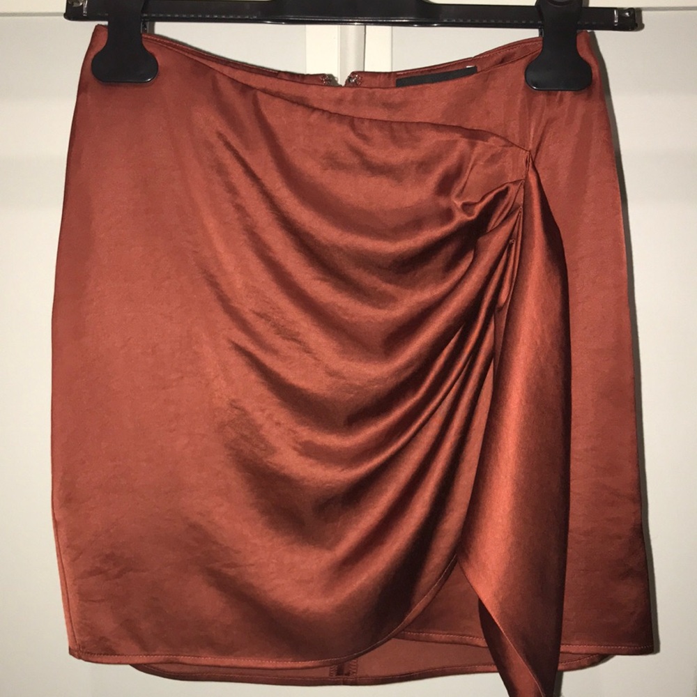 Express Rust Satin Draped Mini Skirt